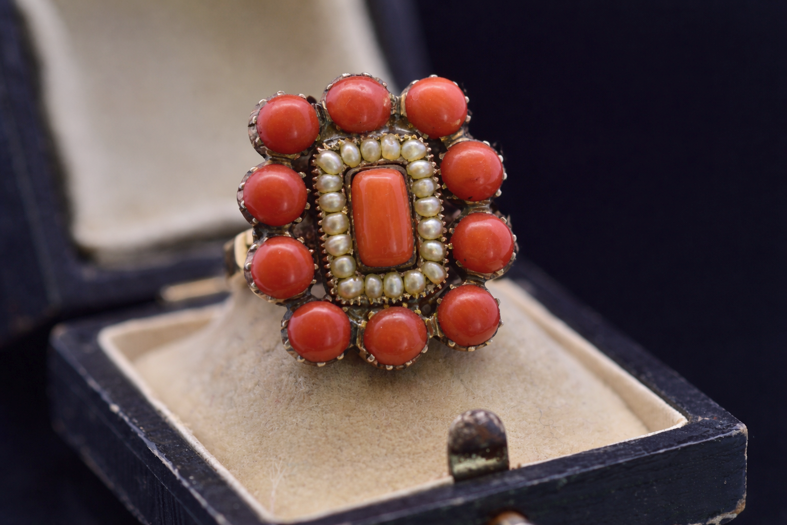 Victorian Fine Coral Seed Pearl Cocktail Ring