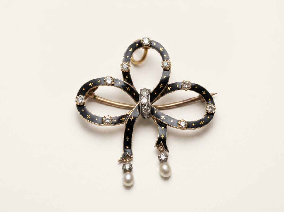 Victorian Mourning Diamond and Pearl Bow Pendant Brooch
