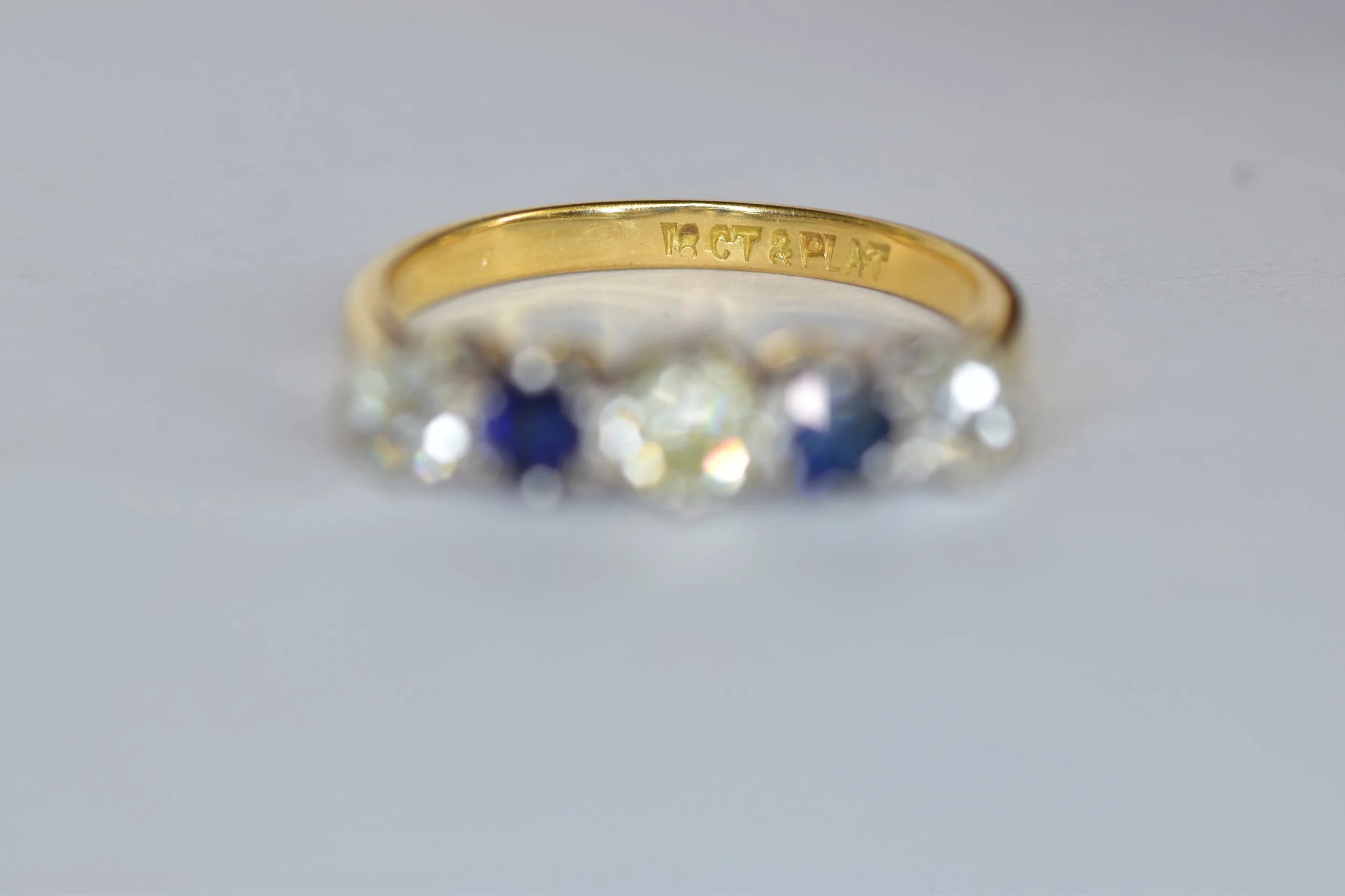 Antique Art Deco 18k Platinum Old Mine Cut and Sapphire Band Hallmark close up