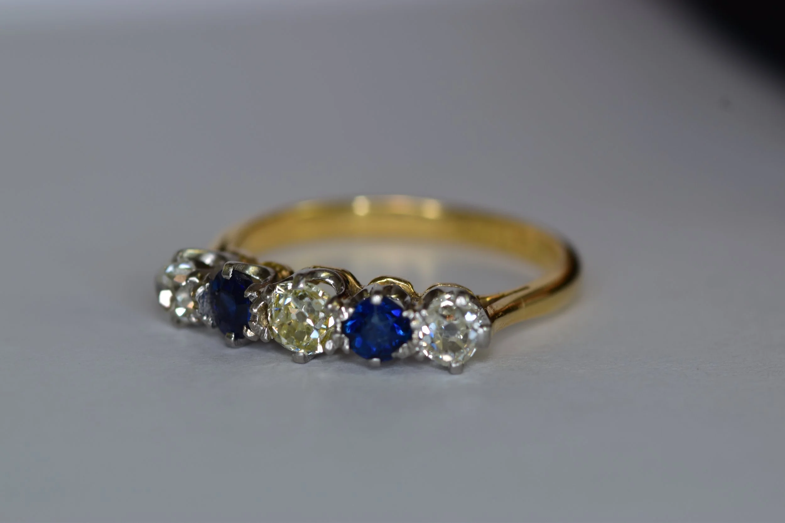 Antique Art Deco 18k Platinum Old Mine Cut and Sapphire Band