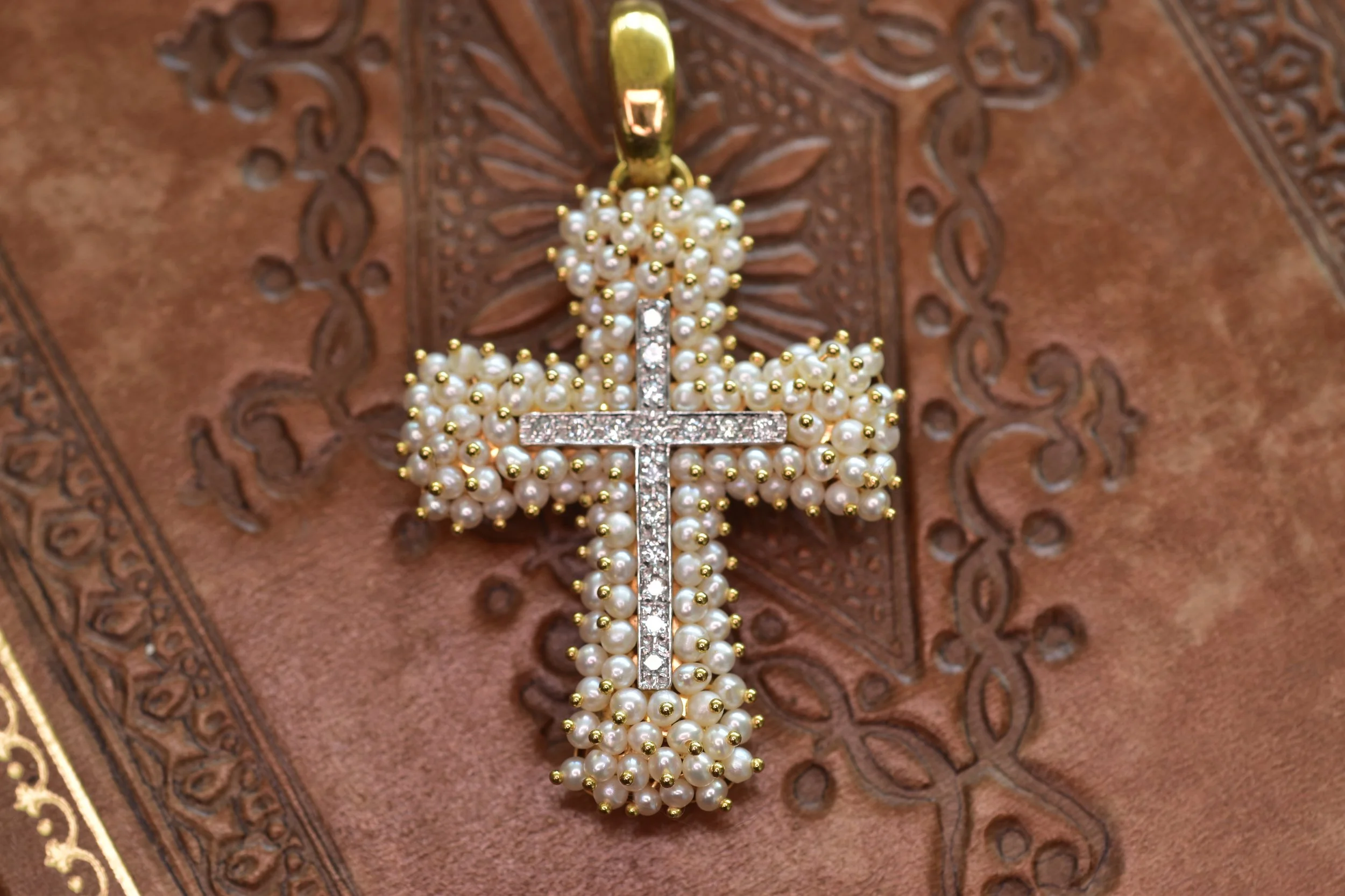 Rare Vintage 18K Gold Seed Pearl & Diamond Cross Pendant