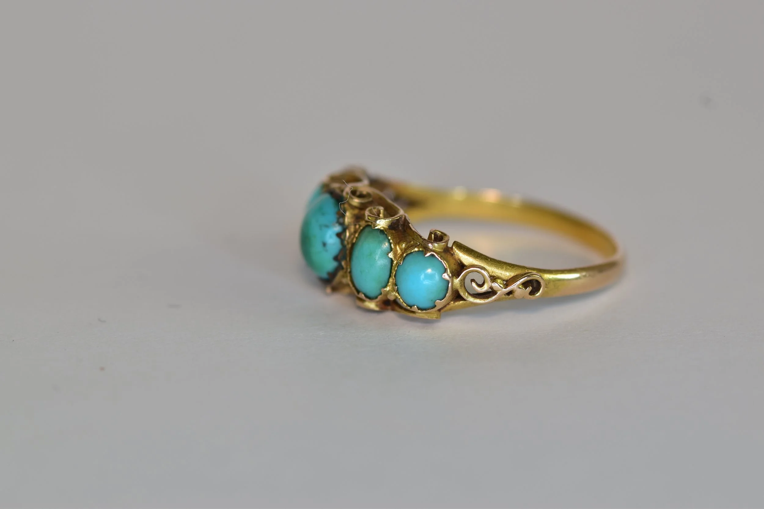 Victorian Gold Turquoise 5 Cabochon Ring side carving detail