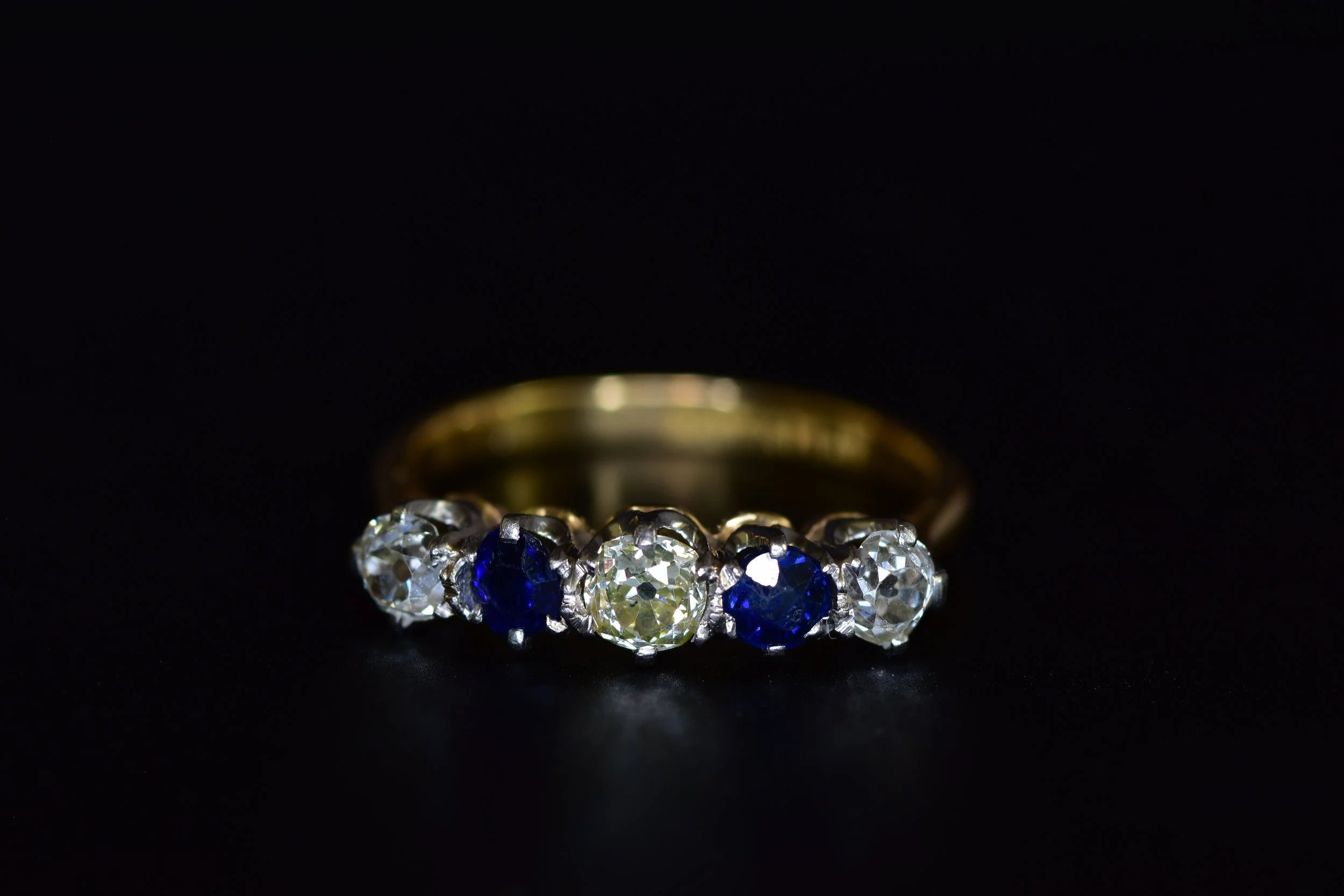 Antique Art Deco 18k Platinum Old Mine Cut and Sapphire Band