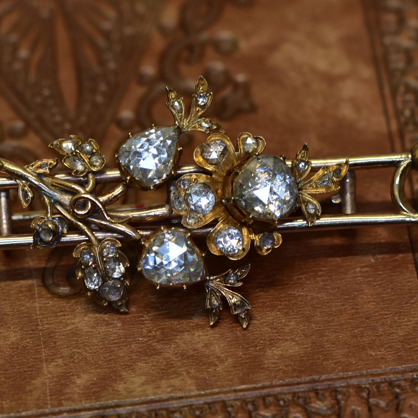 Georgian Foil Back Diamond Rose Cut Large Floral Brooch 18k Gold 2 carat Natural Diamonds