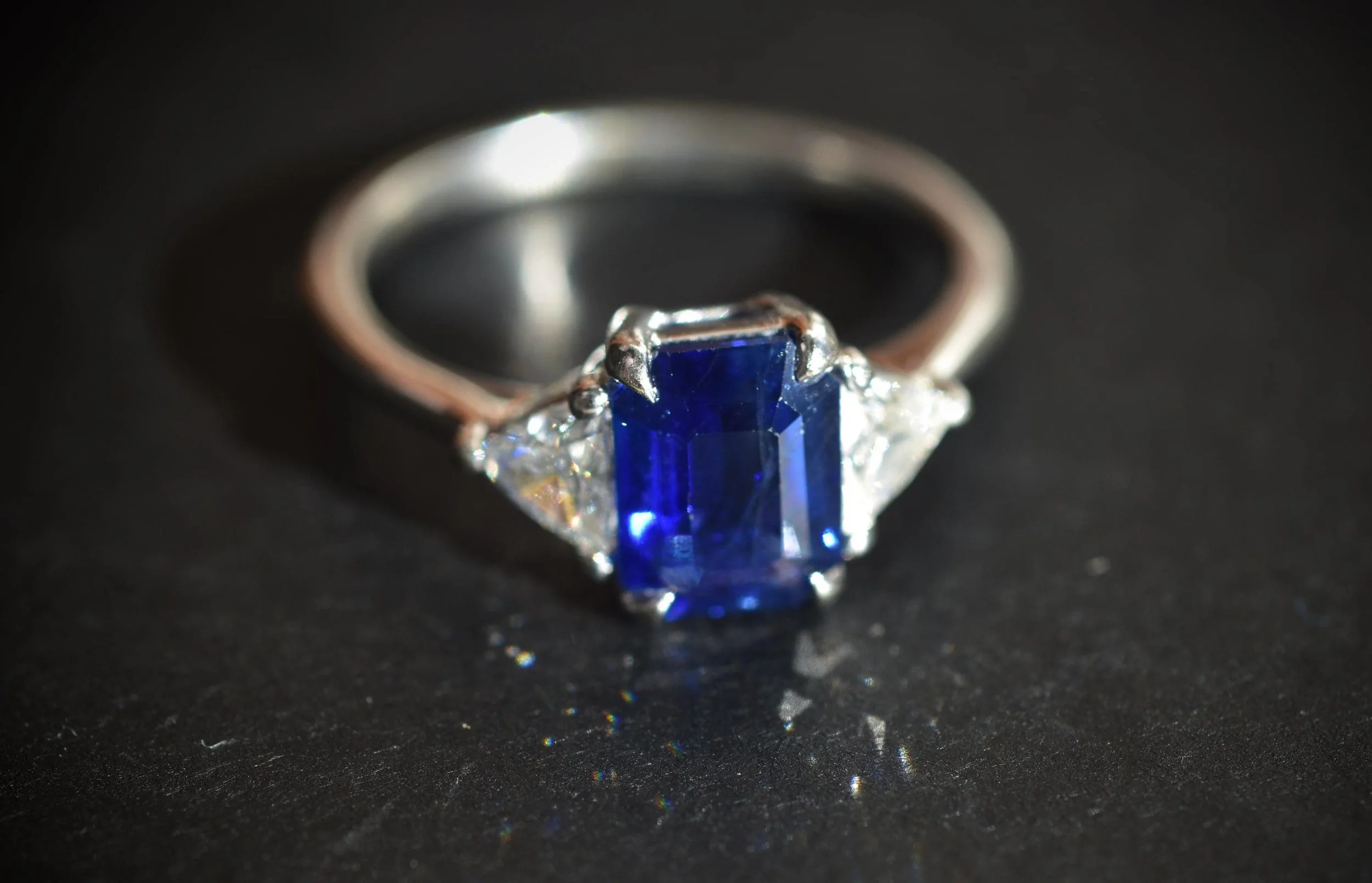 Vintage 14k Emerald Cut Sapphire and Diamond 3 Stone Ring