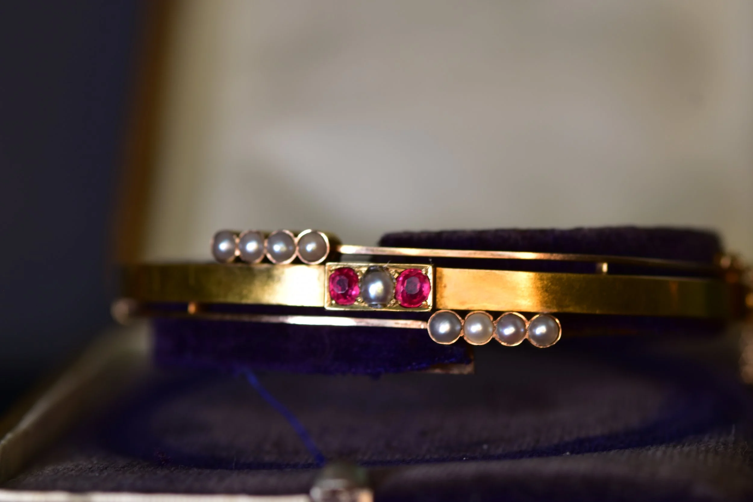 Antique Russian 20K Gold Ruby & Pearl Bangle Bracelet