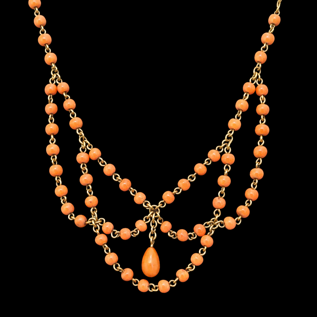 Antique Edwardian Coral Festoon Necklace in 14K Gold with Coral Beads, Circa 1910