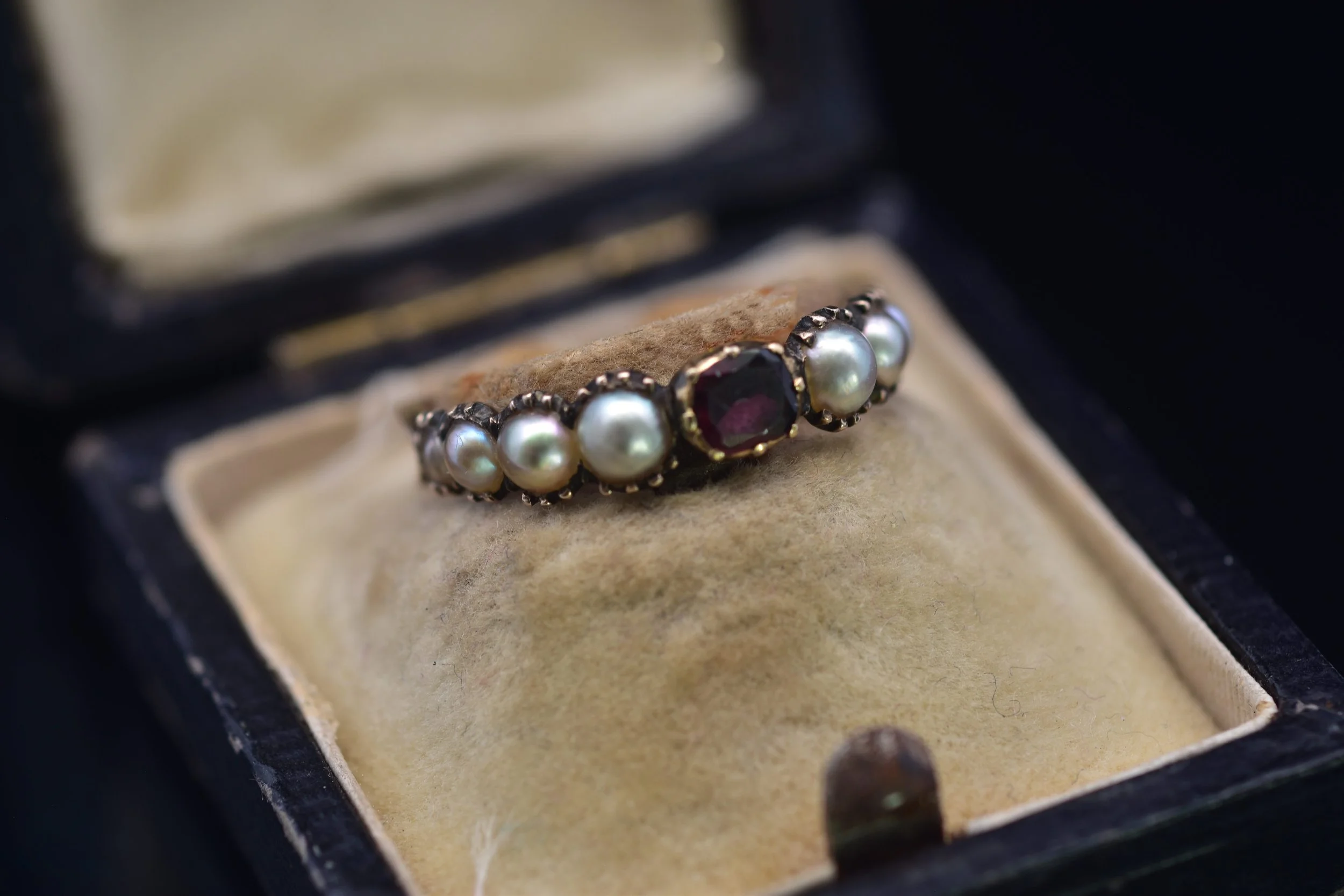 Antique Almandine Garnet & Seed Pearl Ring | Size 7