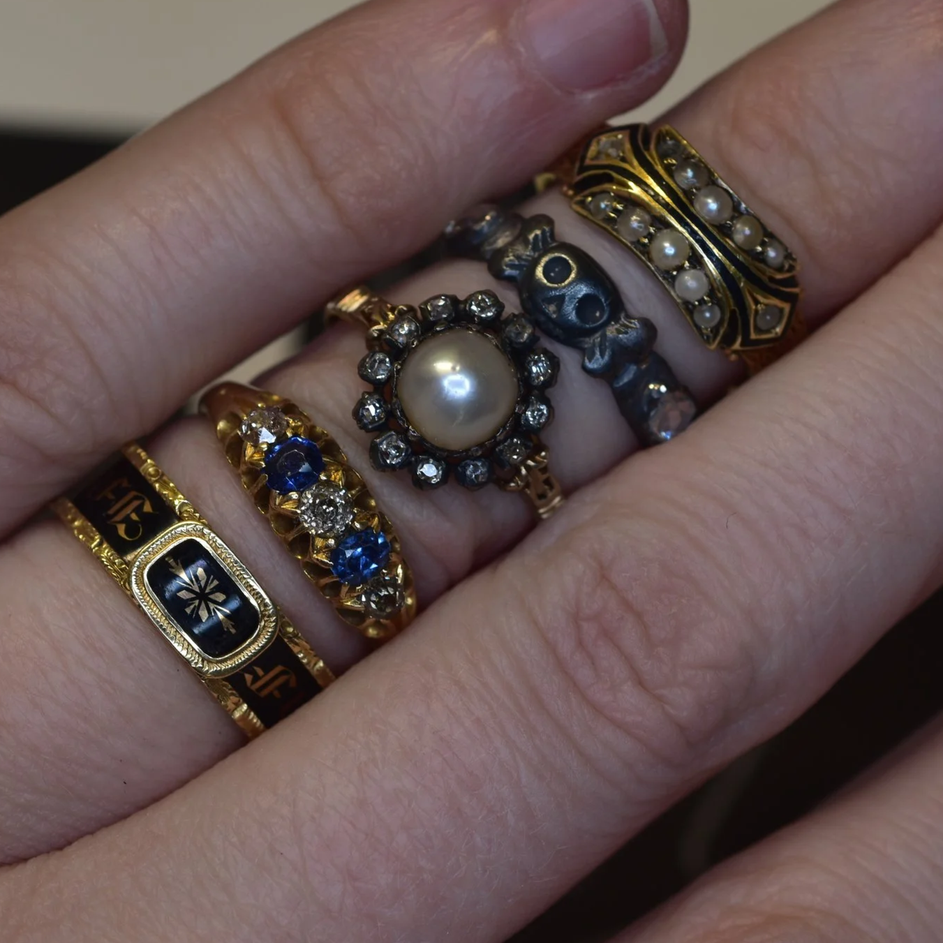 Antique gold silver mourning and Pearl Ring Stack