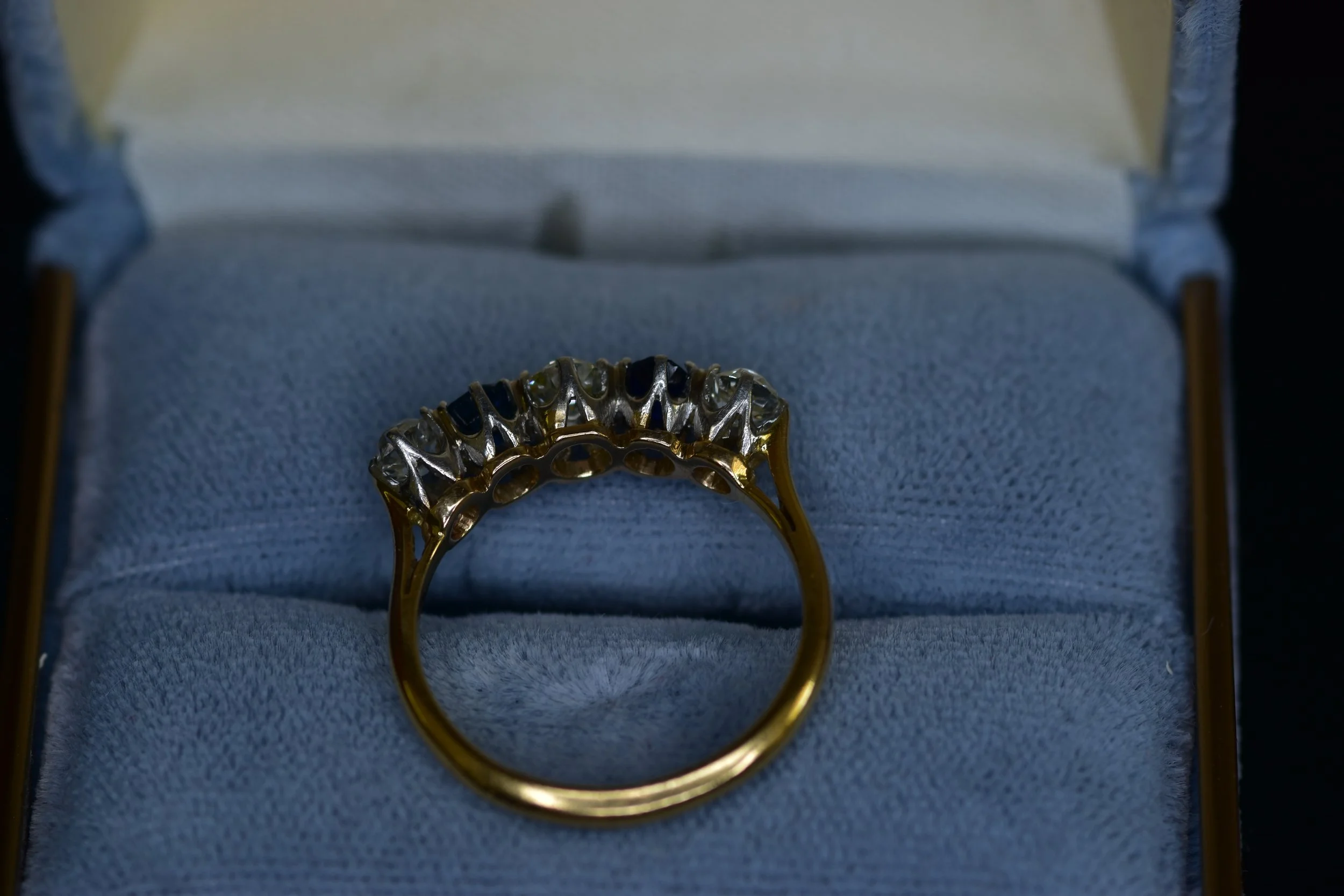edge of Antique Art Deco 18k Platinum Old Mine Cut and Sapphire Band