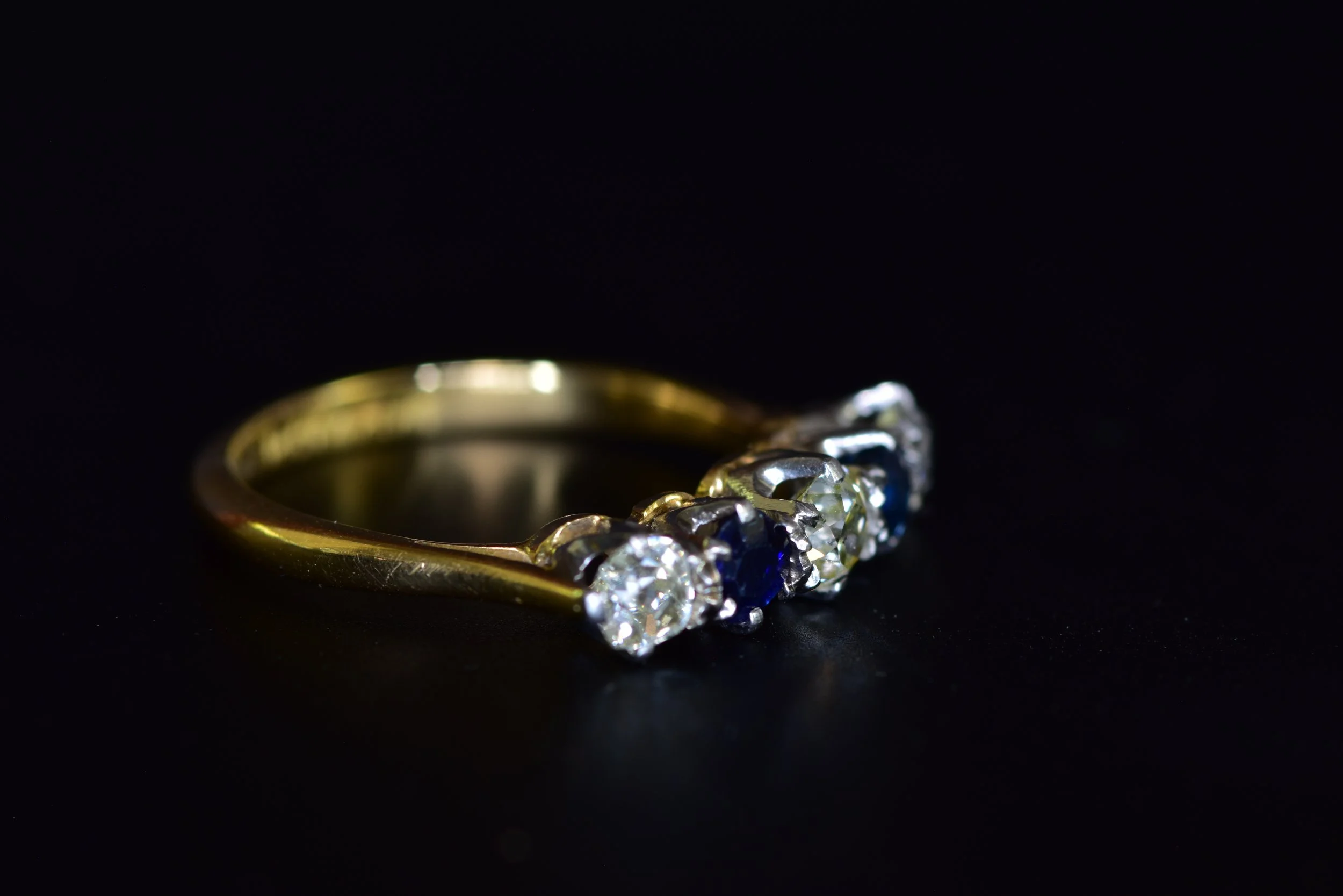Antique Art Deco 18k Platinum Old Mine Cut and Sapphire Band