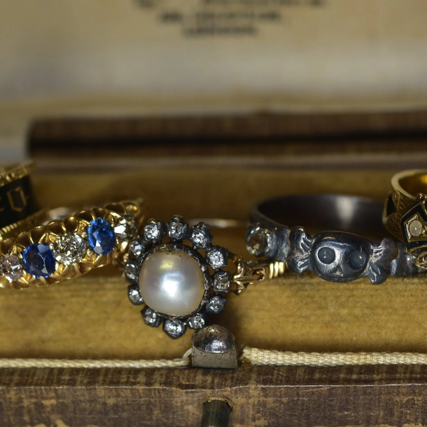 Antique Natural Pearl Ring with Antique Memento Mori Silver Ring Antique sapphire and old mine cut ring in antique  velvet box