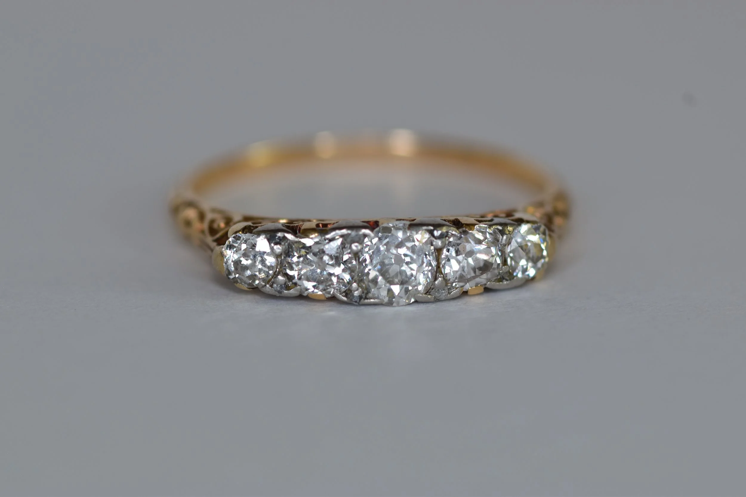 Antique Edwardian 5 Stone Diamond Ring, European Cut Platinum Gold Band