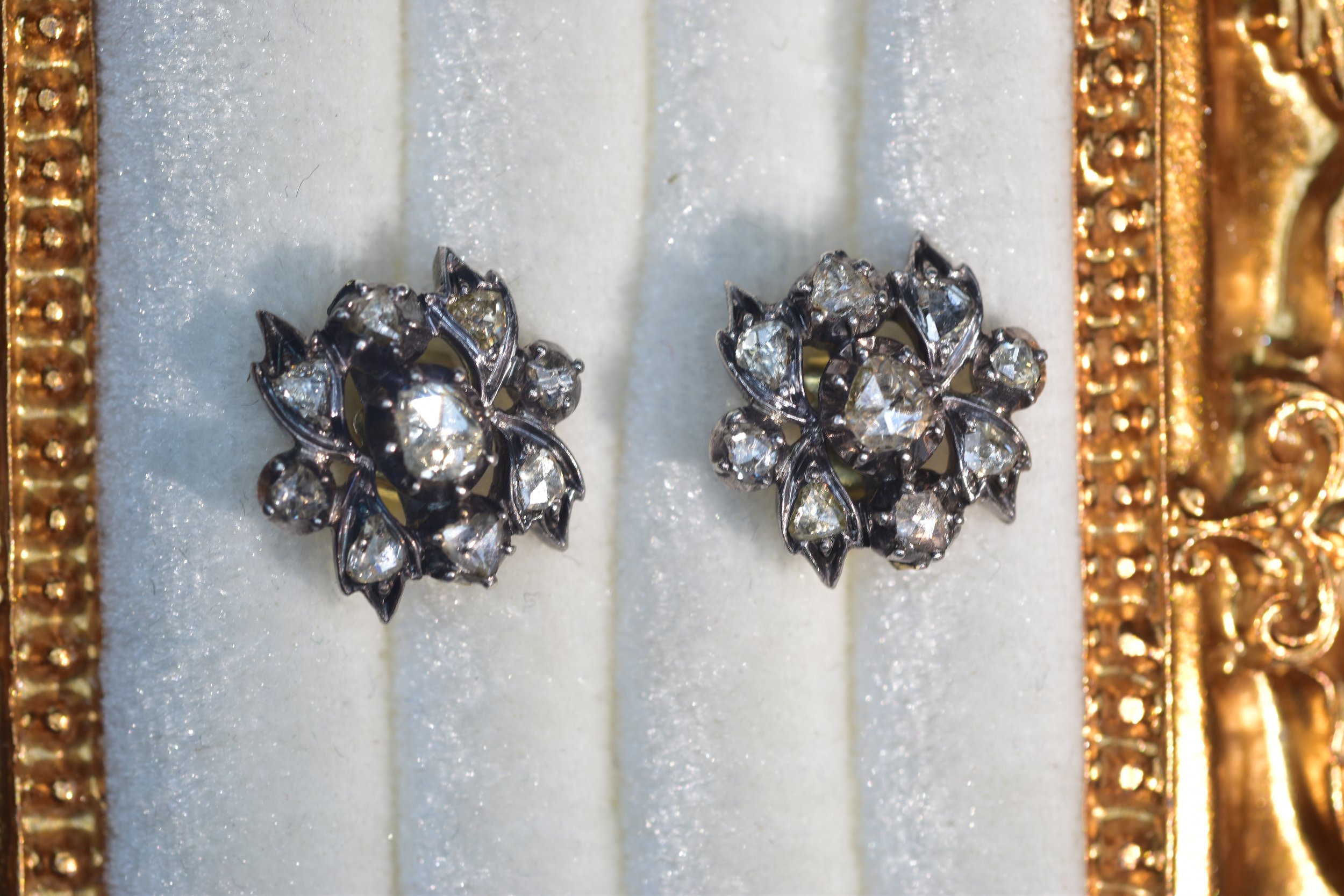 Antique Victorian Rose Cut Diamond Floral Cluster Earrings in 18K Gold