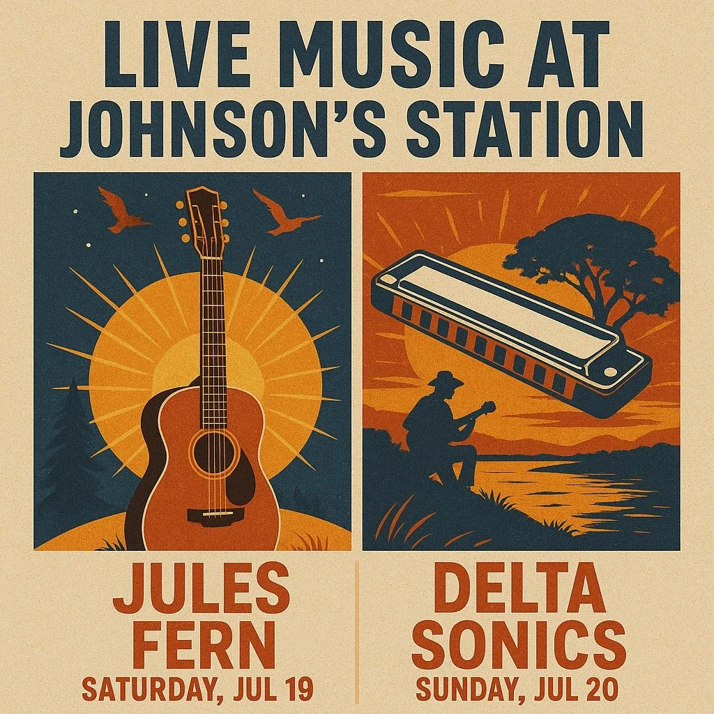 🎶 Two nights of unforgettable music at Johnson's Station!
🌞 Saturday, July 19 &ndash; Jules Fern brings the soulful folk vibes at 5:30PM
🌅 Sunday, July 20 &ndash; Delta Sonics light up the night with gritty delta blues at 5:30PM
🔥 Come hungry! Ou