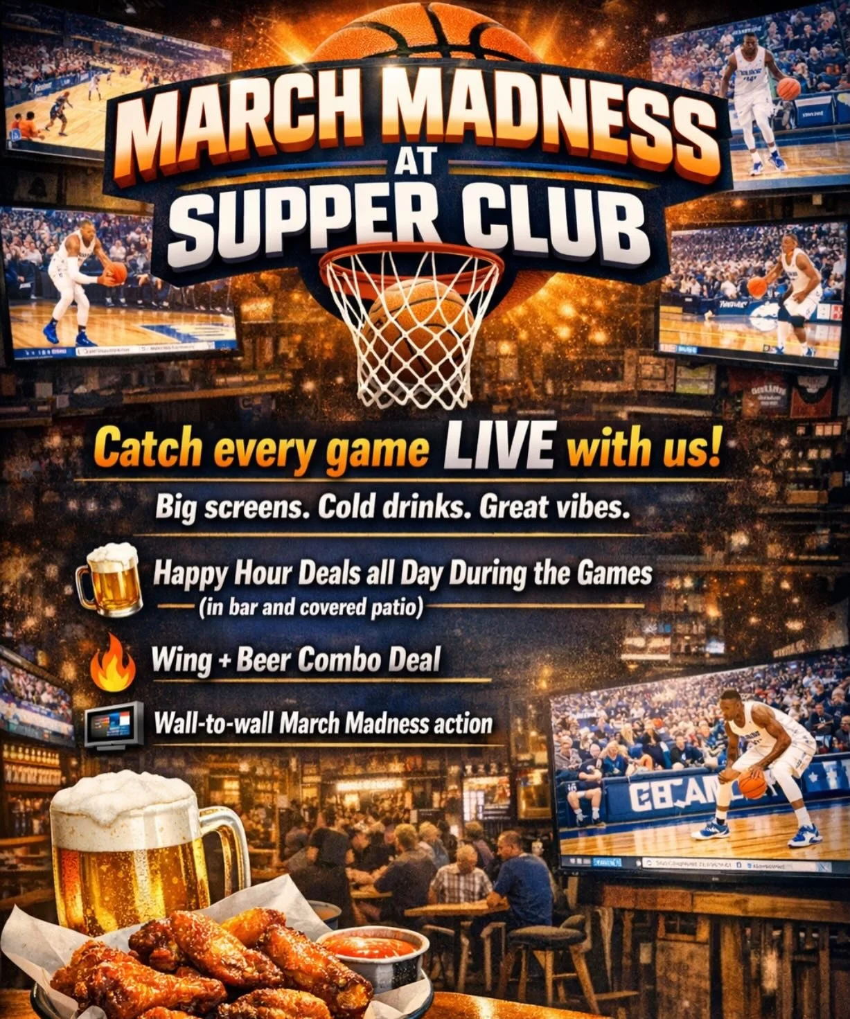 March Madness is here 🏀 join us for Happy Hour deals all day during NCAA tournament games.