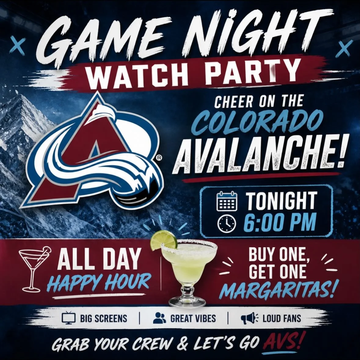 TONIGHT, Game 2 Avalanche v Wild watch party at the Supper Club. 
- buy one get one house margaritas 
- all day happy hour 

Avs alley is closed, but we are open 
#avalanche #hockey #happyhour #cincodemayo