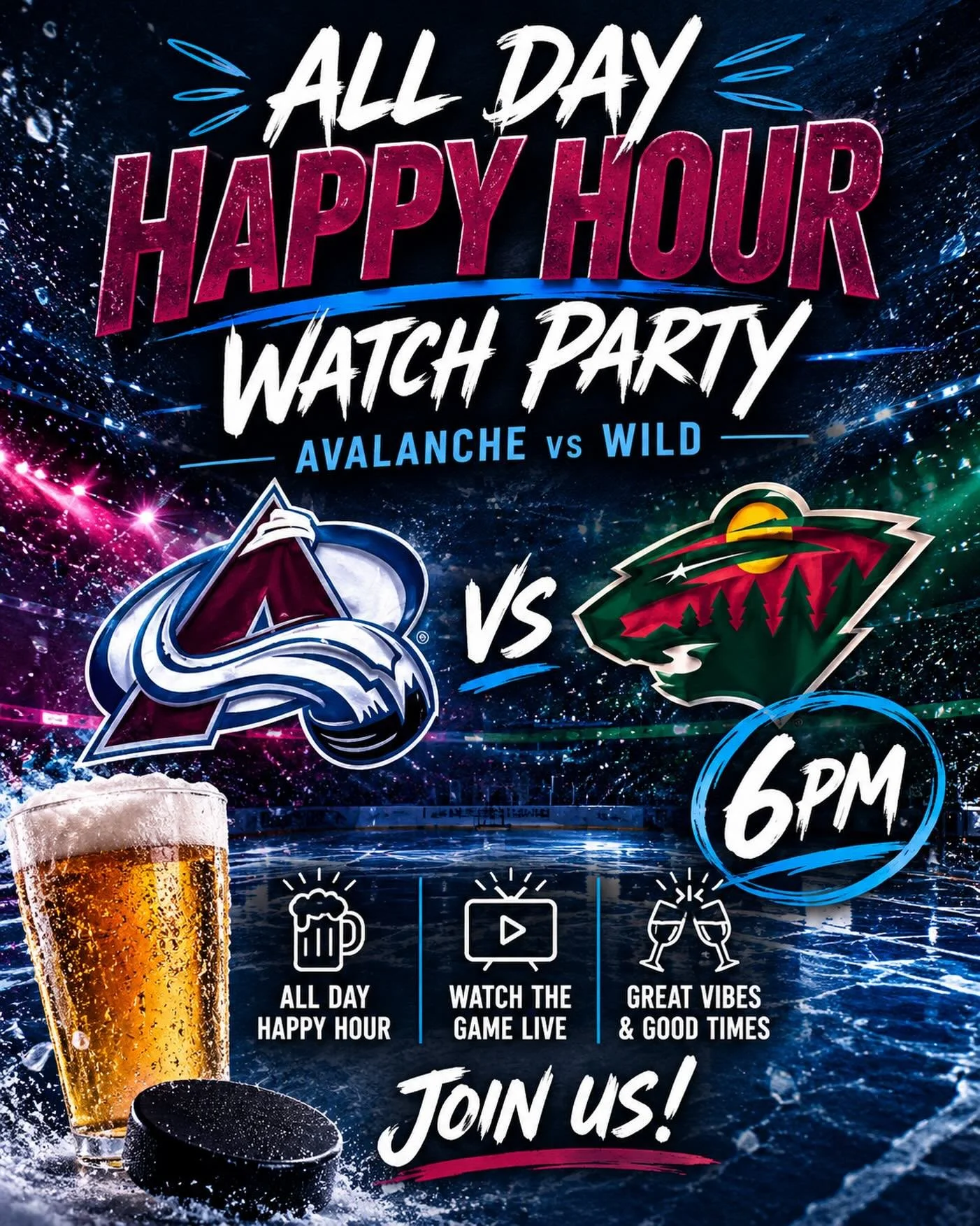 TONIGHT, 6 pm, Avalanche vs Wild game 5 watch party. Join us for all day happy hour and watch the game with us 🏒 

#goavsgo #longmont #happyhour