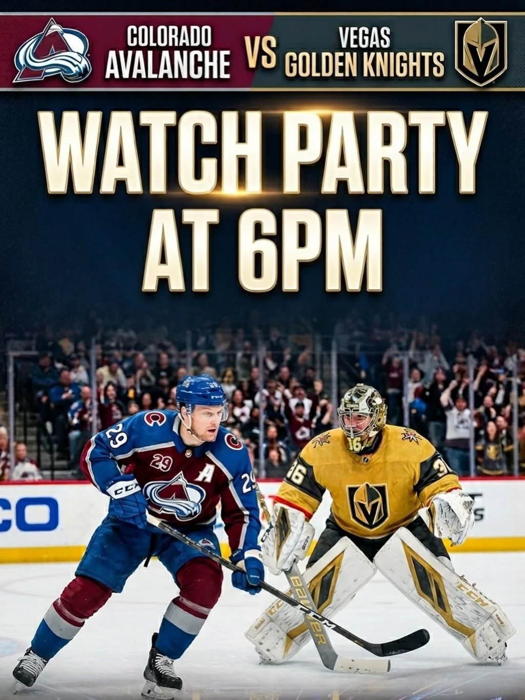 TONIGHT - Colorado Avalanche v Vegas Golden Knights watch party at 6 pm. 
Watch the Western Conference Finals of the Stanley Cup Playoffs with us and enjoy all day happy hour 🍻