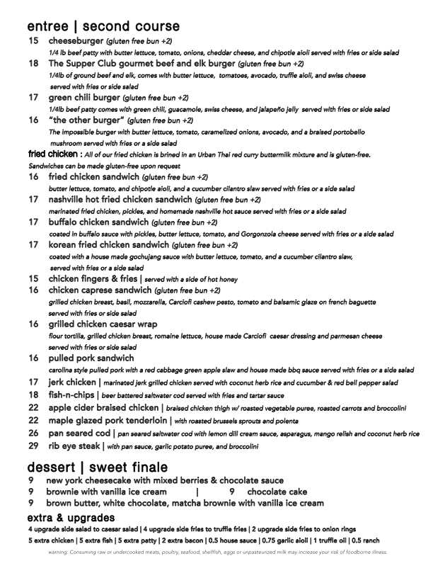 A menu listing various food items including entrees, second courses, fresh chicken, fried chicken sandwich, grilled chicken Caesar wrap, pulled pork sandwich, fish and chips, and children options. Desserts include New York cheesecake, brownie with vanilla ice cream, chocolate cake, and a brownie with white chocolate and matcha. Extras and upgrades are also listed.