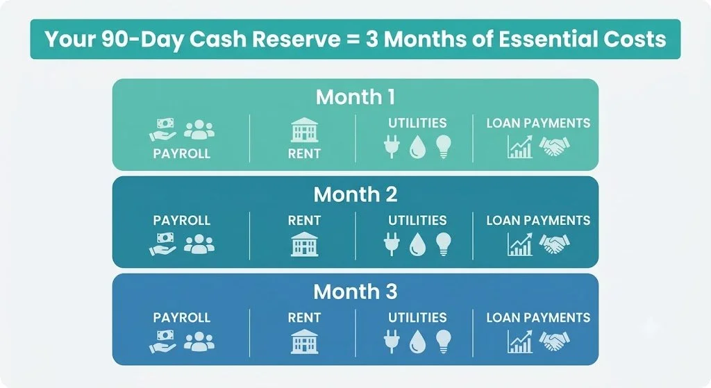 Infographic showing a 90-day cash reserve made up of three months of essential business expenses