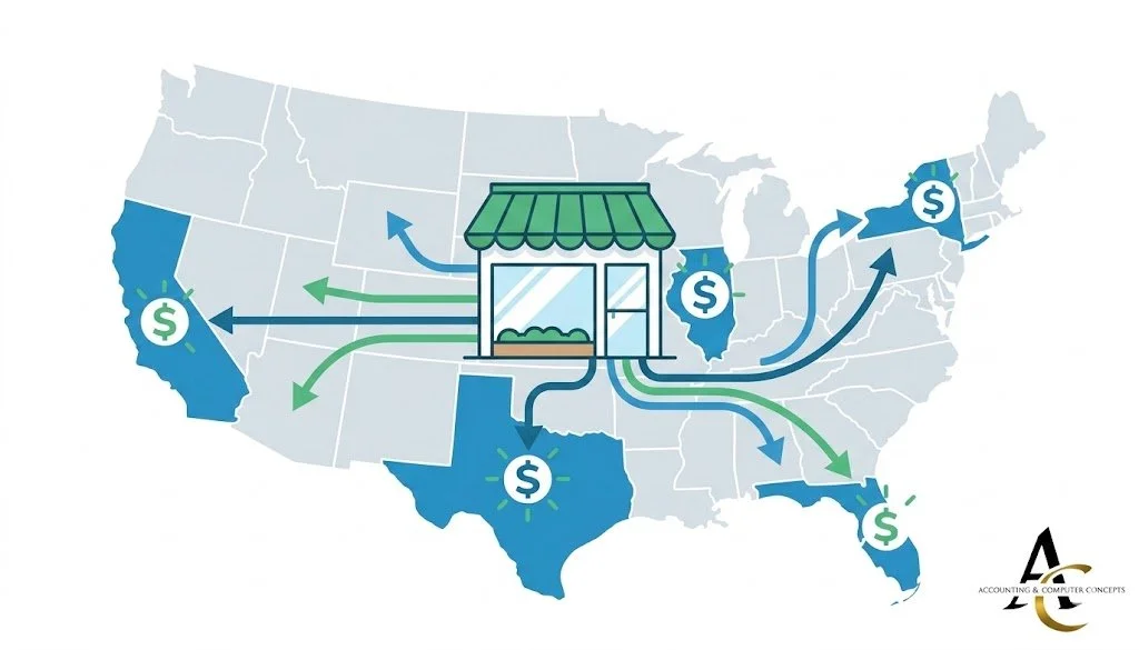 A flat design illustration of a small business storefront with digital arrows flowing outward across a U.S. map, lighting up multiple states with dollar sign icons to represent economic nexus thresholds for remote sales tax obligations.