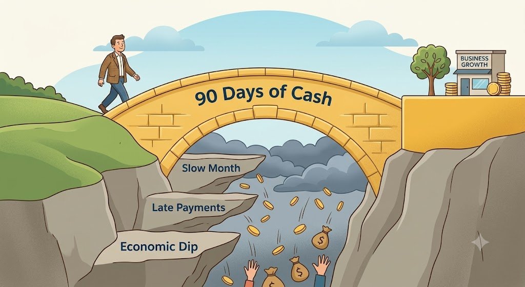 Illustration of a business owner crossing a bridge of cash reserves over financial disruptions