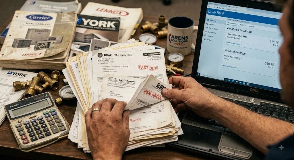 Close-up of hands holding a stack of unpaid HVAC invoices next to a laptop displaying a bank account balance on a cluttered office desk.