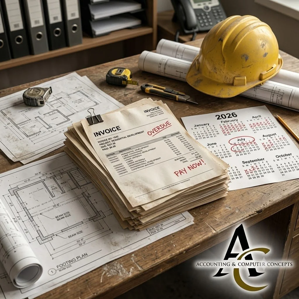 Stack of unpaid construction invoices beside a calendar with overdue payment dates circled.