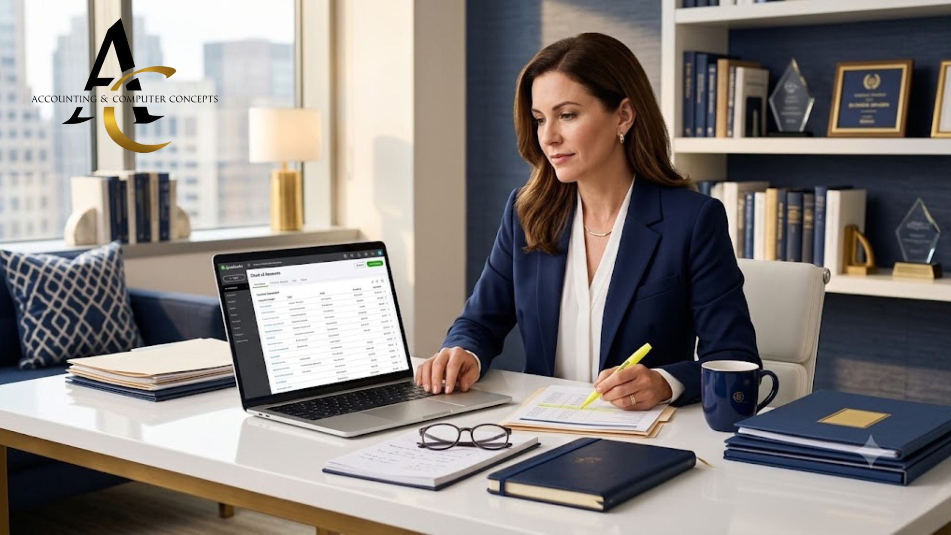 A business professional reviewing a chart of accounts on a laptop screen with a highlighter in hand at an organized office desk.