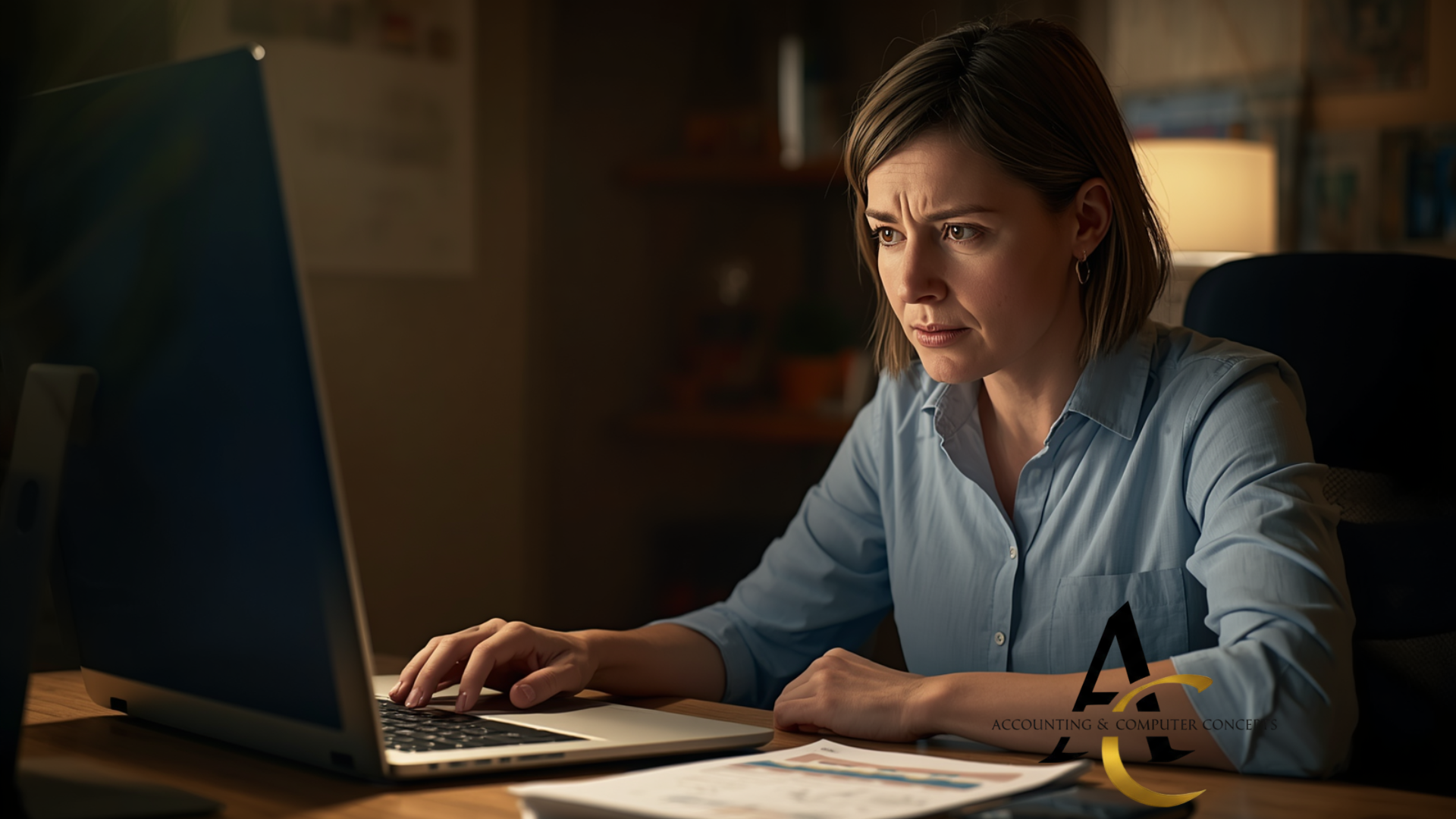 Female business owner reviewing declining financial graph on laptop