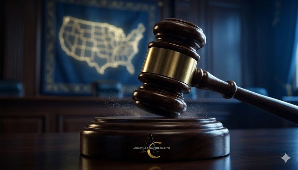A wooden judge's gavel strikes a sound block with a glowing outline of the United States map in the background, symbolizing the landmark South Dakota v. Wayfair Supreme Court ruling that changed sales tax law for remote sellers.