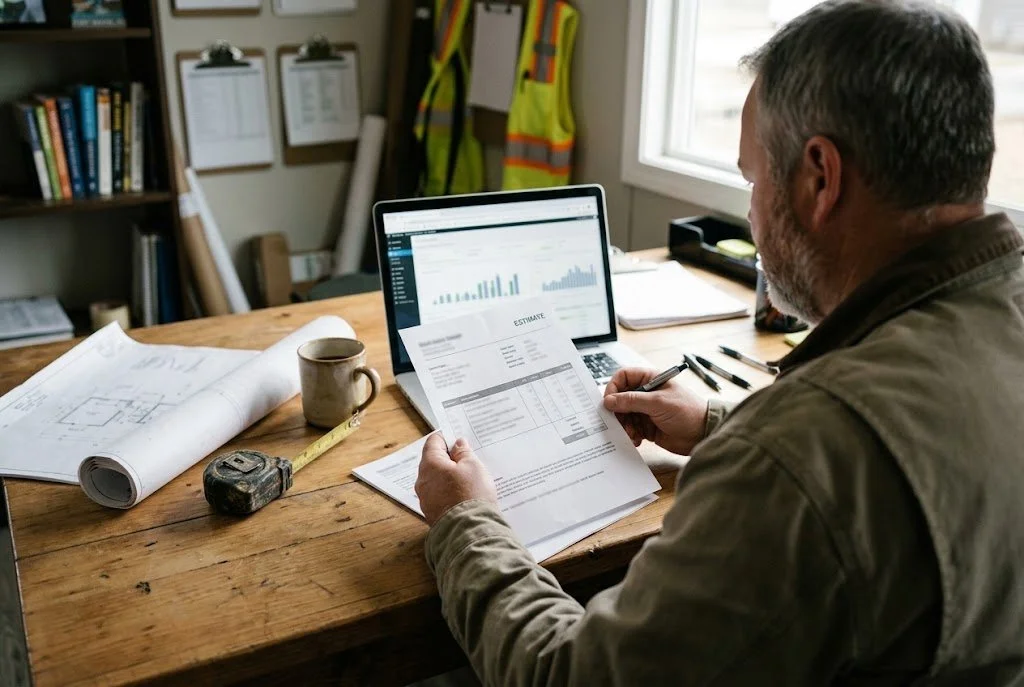 Owner reviewing a printed job estimate with a tape measure and blueprints nearby