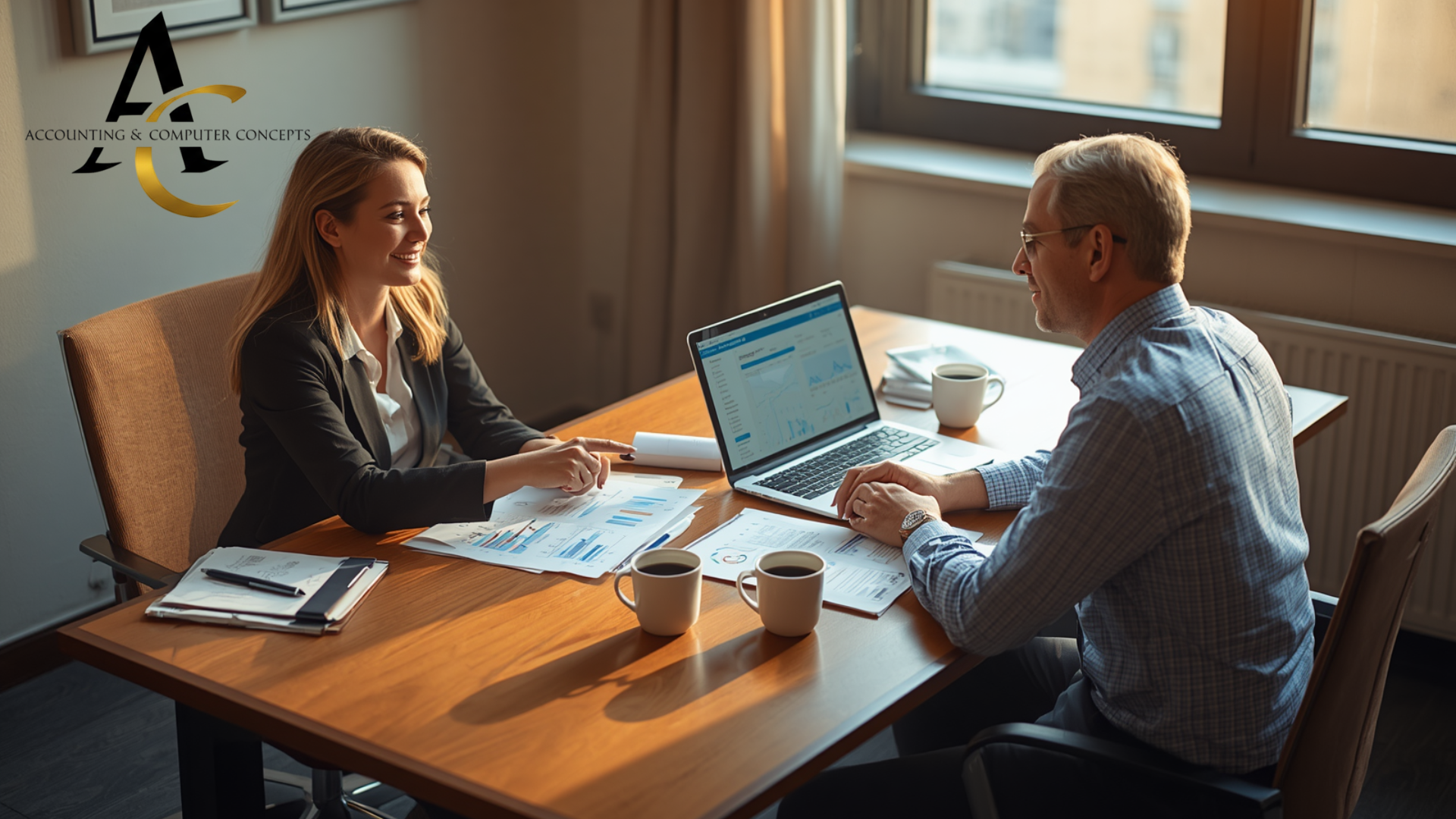 Financial advisor and business owner reviewing bank account reports together at desk