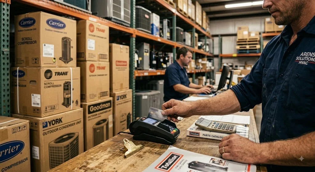 Contractor swiping a credit card at an HVAC supply warehouse counter with compressors and condensers stacked on shelves in the background.