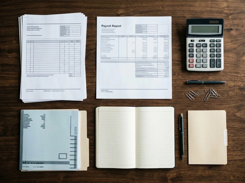 Overhead view of bank statements, calculator, notebook, and pen arranged neatly on a desk