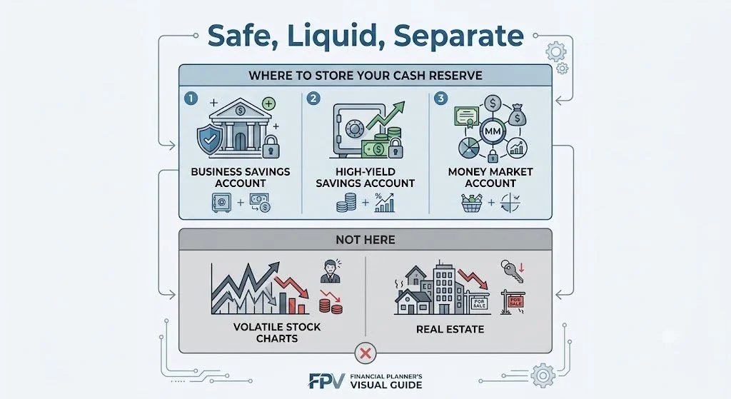 Diagram showing safe places to keep a cash reserve versus risky places to avoid