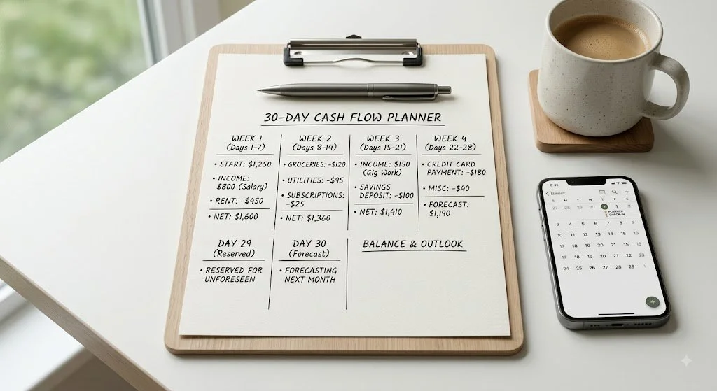 Overhead flat-lay of a handwritten 30-day cash flow planner on a clipboard next to a coffee mug and smartphone calendar app.