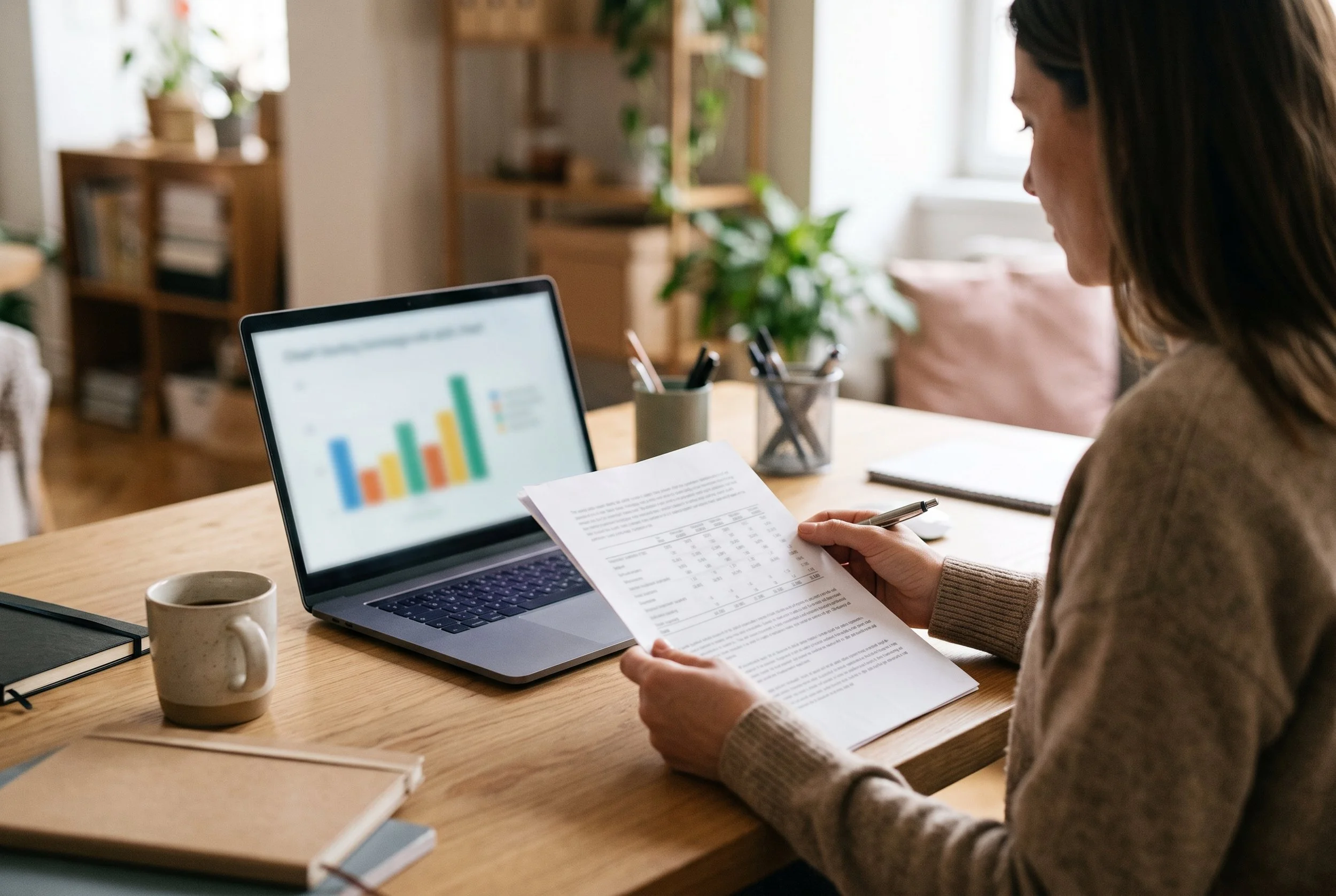 Business owner reviewing a printed financial report with a laptop chart nearby