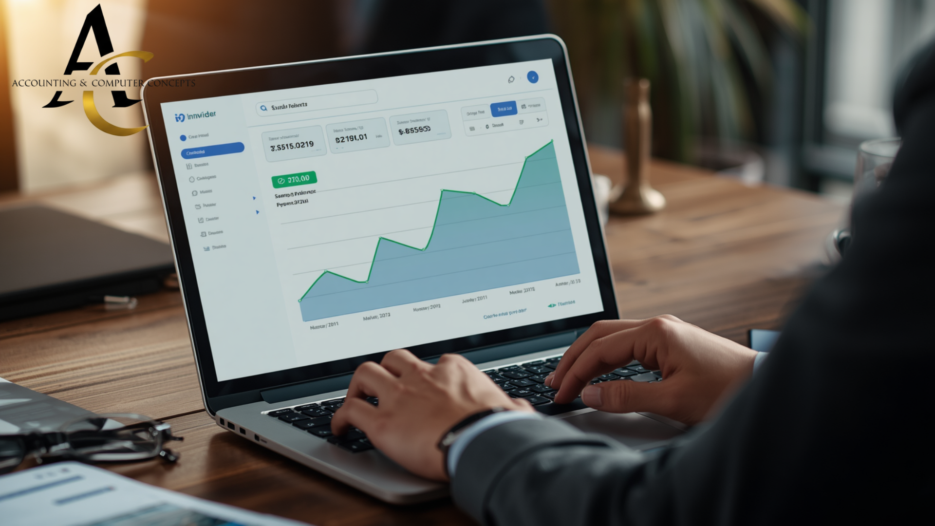 Laptop screen showing rising business bank balance graph with quarterly calendar