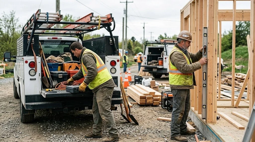 Work crew loading a truck and measuring on a job site