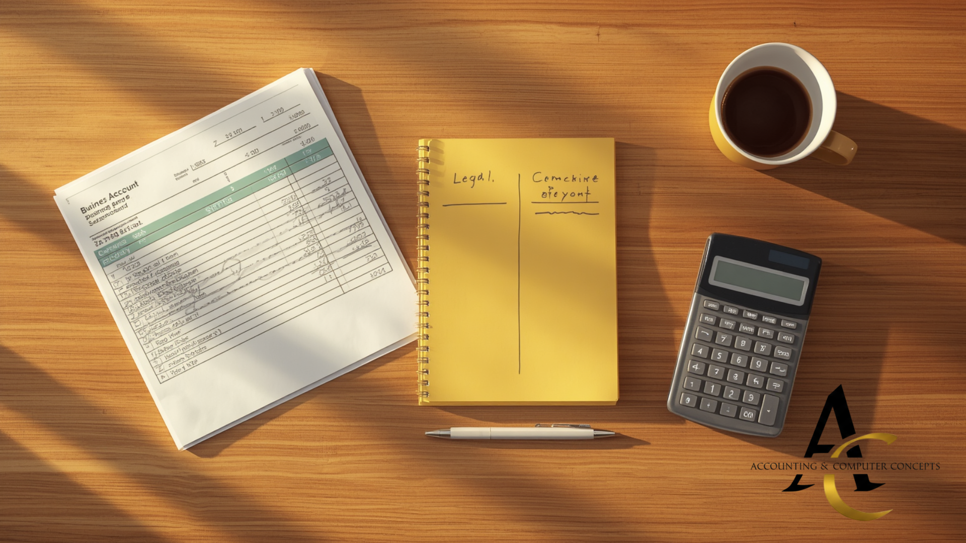 Financial statement and notepad on desk showing available cash calculation