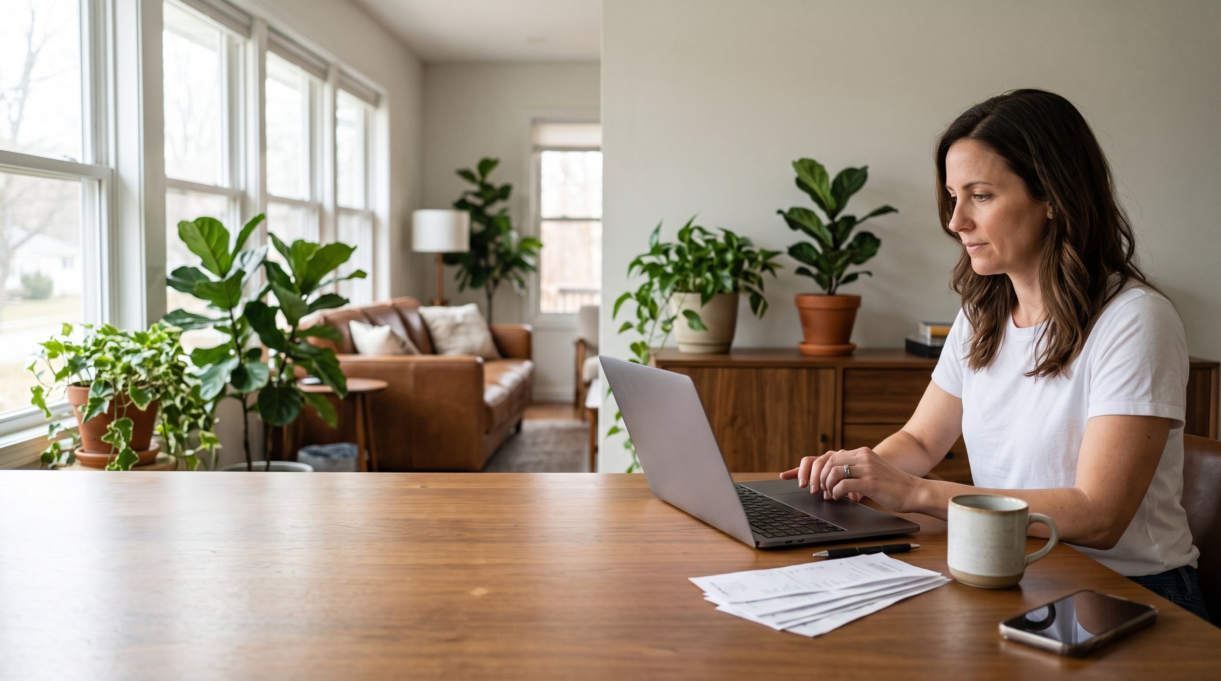 Calm business owner at a tidy desk with a laptop and organized financial statements