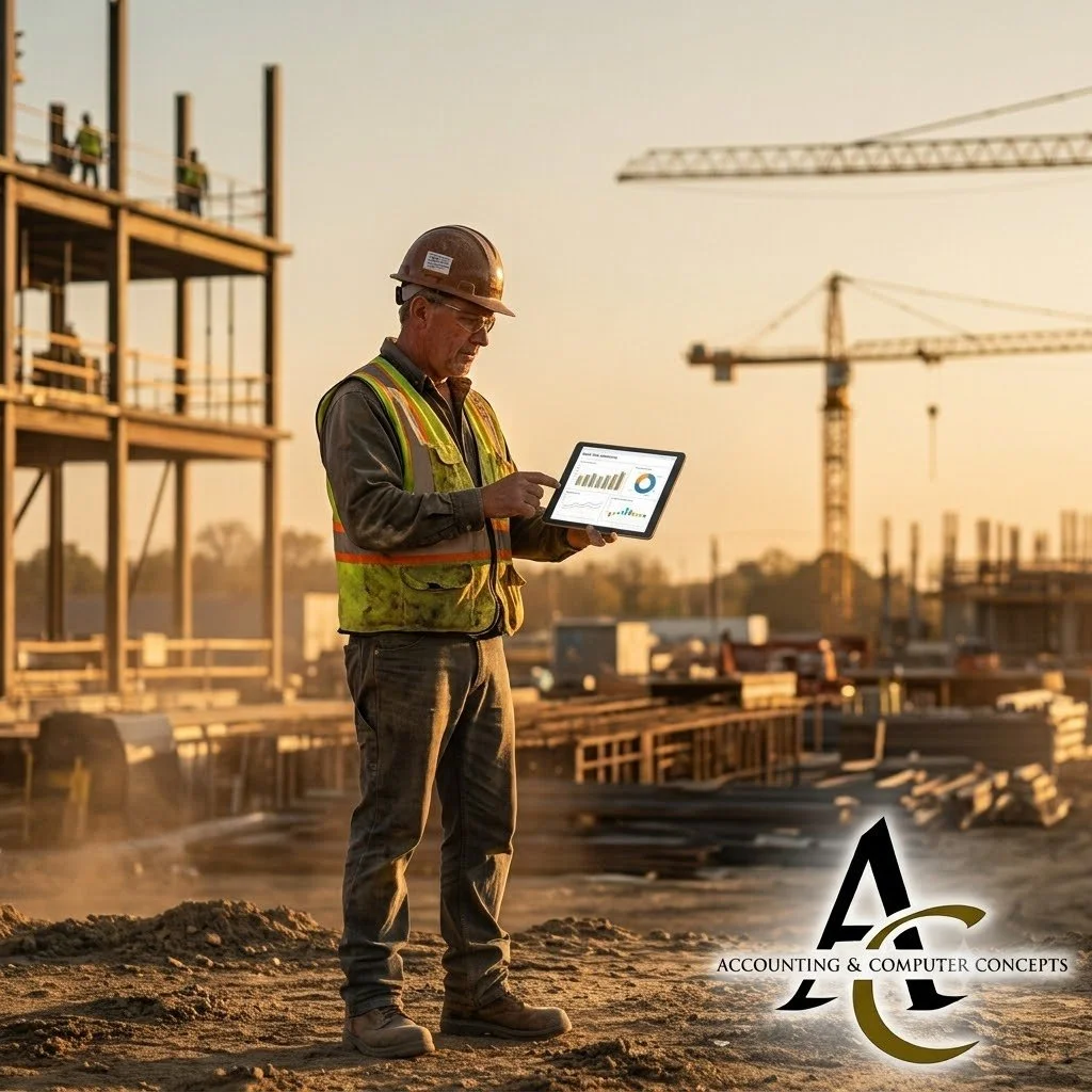 Construction foreman reviews a cash flow dashboard on a tablet at a job site during golden hour.
