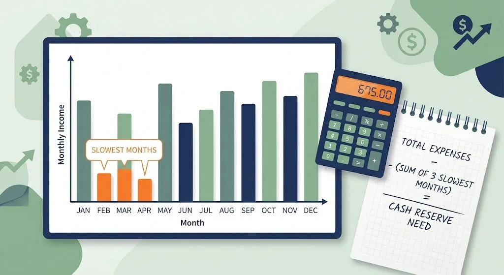 Infographic showing a bar chart highlighting three slowest income months with a calculator.