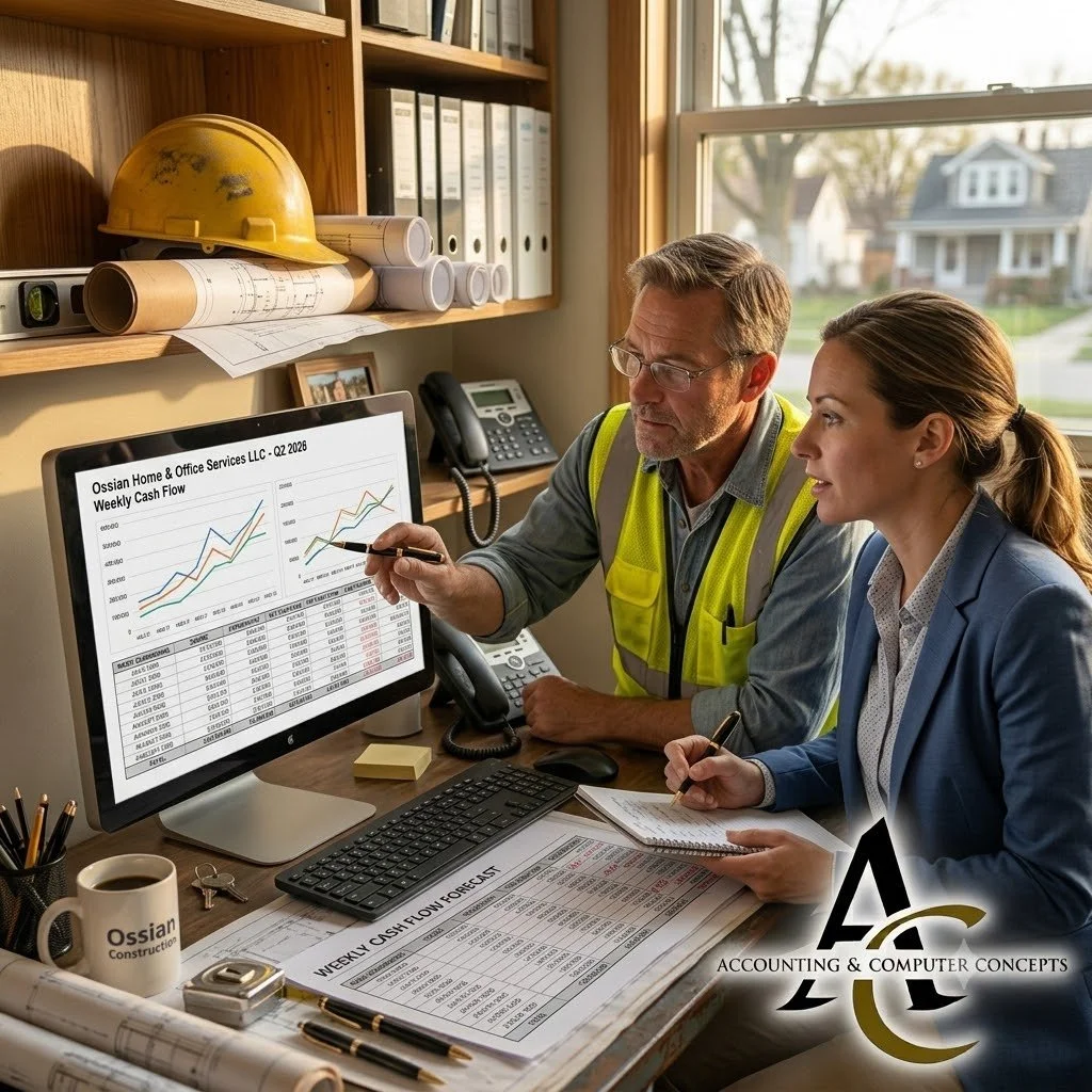 Small finance team reviewing weekly financial reports on a monitor in a construction office.
