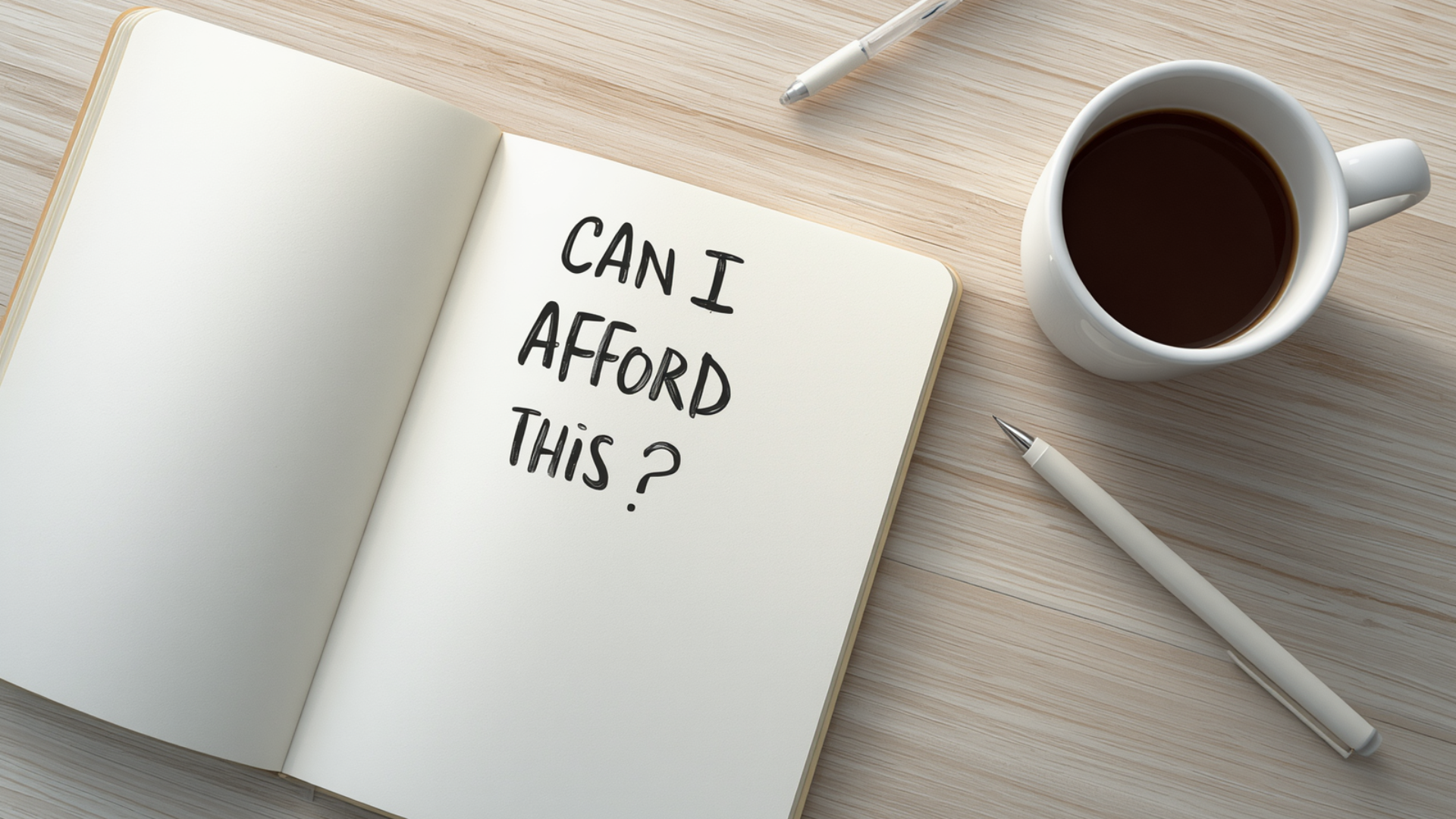 Open notebook with the handwritten question "Can I afford this?" next to a pen and coffee cup on a light wood desk.