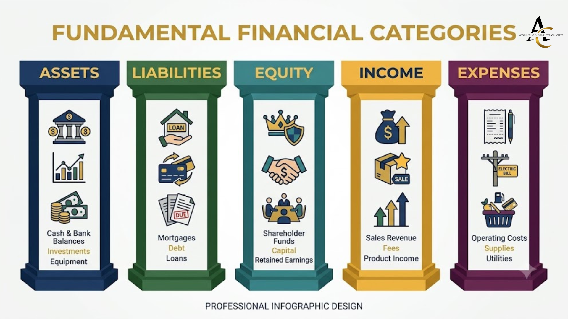A color-coded infographic showing the five pillars of a chart of accounts — Assets, Liabilities, Equity, Income, and Expenses — each with supporting icons.