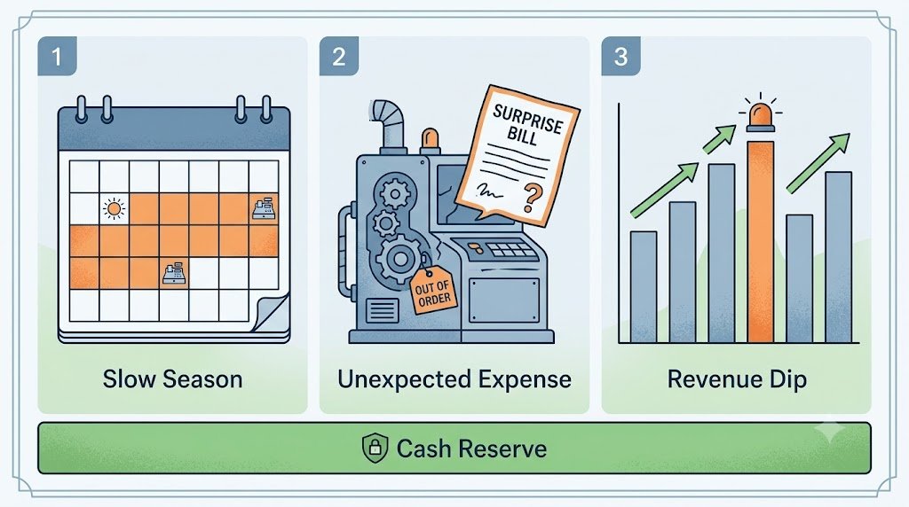 Three-panel illustration showing slow season, unexpected expense, and revenue dip neutralized by a cash reserve