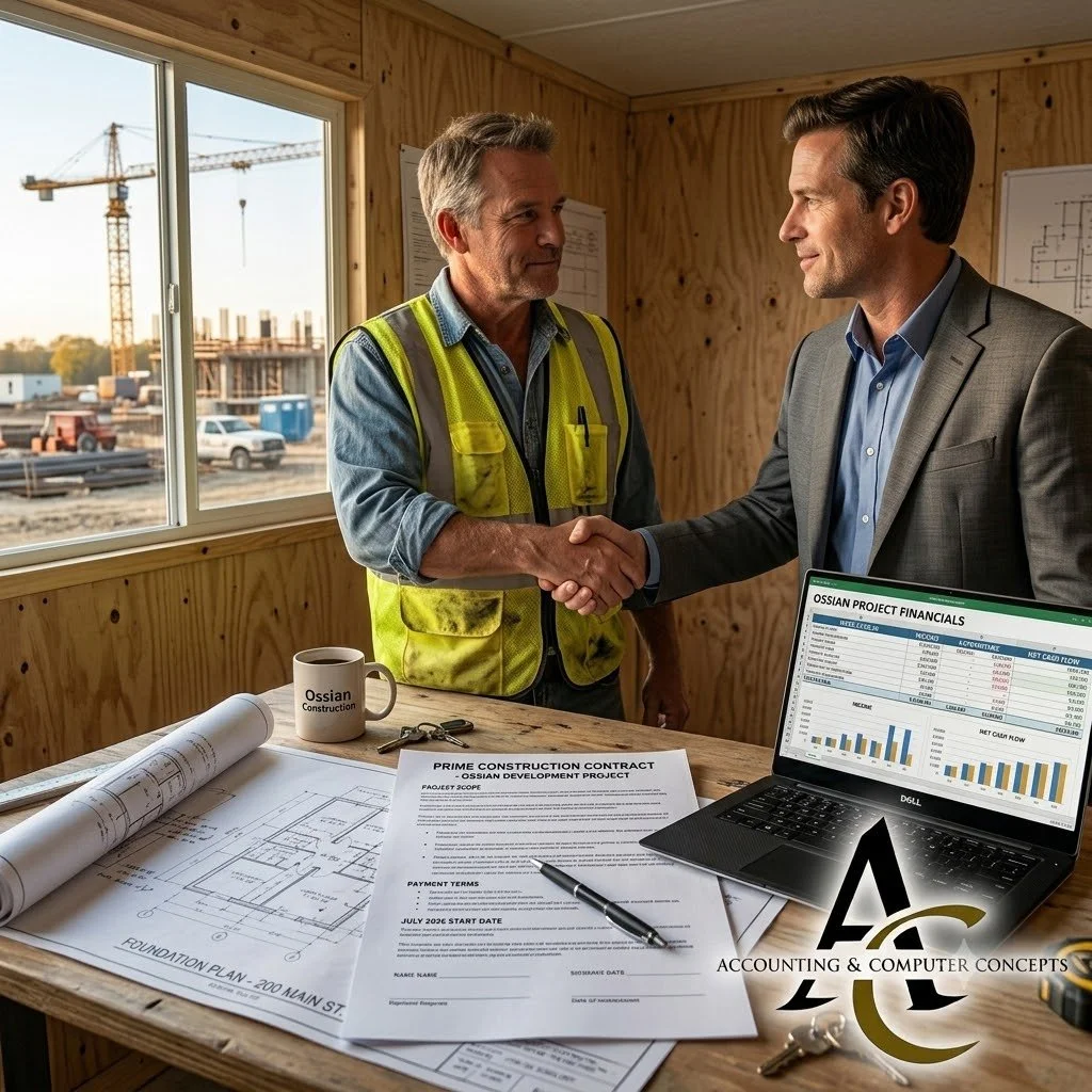 Two professionals shake hands over a signed contract at a construction site trailer.